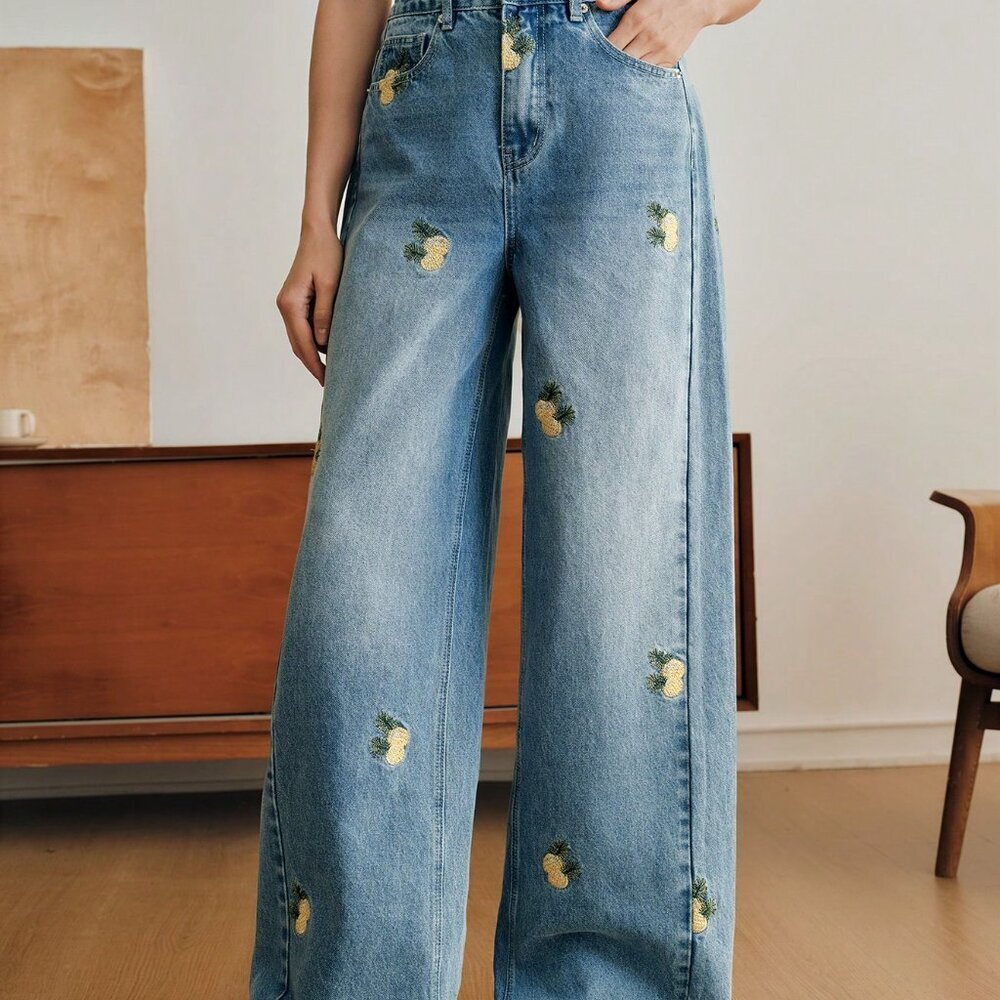 Blue Casual Women's Embroidered Loose Straight-Wide Leg Jeans with Pockets - Picture 6 of 8
